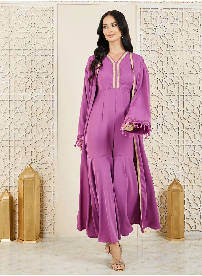 ستايلي Lace Detail Jumpsuit and Tassel Trim Abaya Set