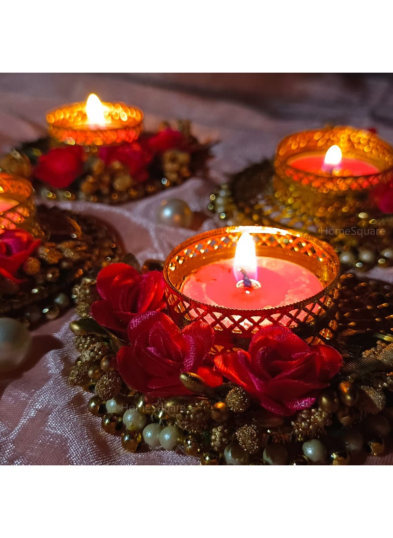 HomeSquare HomeSquare Tealight Holder Decorative Diwali Diya with Artificial Flowers Tealights Set of 4 Tealight Candle Holders  - Image 2