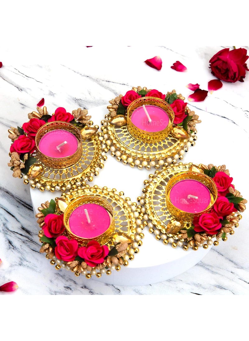 HomeSquare HomeSquare Tealight Holder Decorative Diwali Diya with Artificial Flowers Tealights Set of 4 Tealight Candle Holders  - Image 1