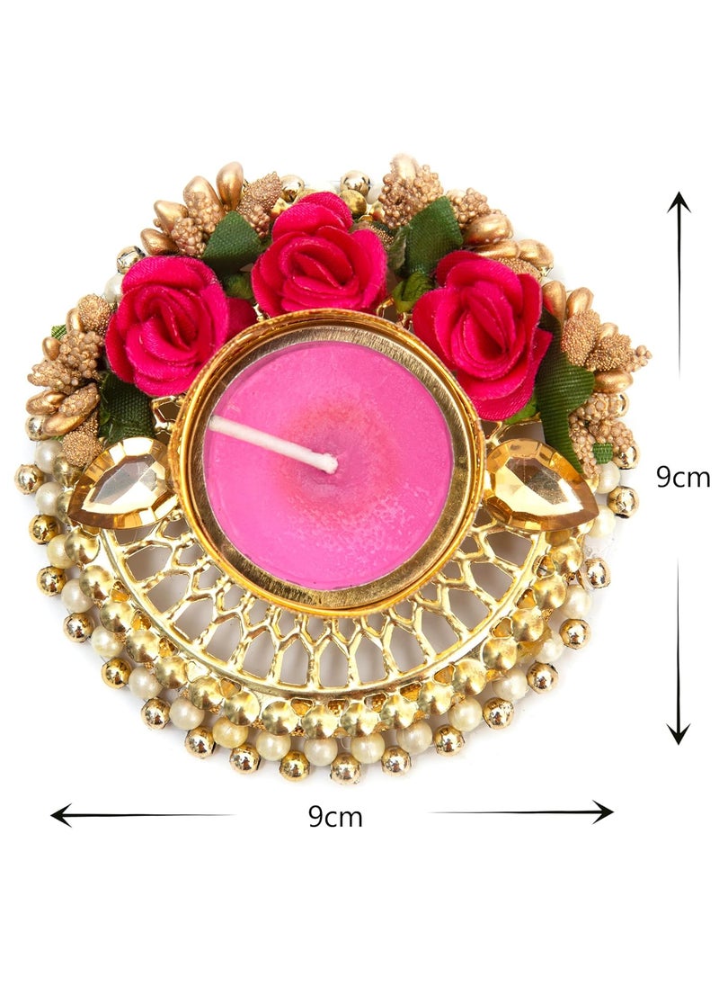 HomeSquare HomeSquare Tealight Holder Decorative Diwali Diya with Artificial Flowers Tealights Set of 4 Tealight Candle Holders  - Image 5