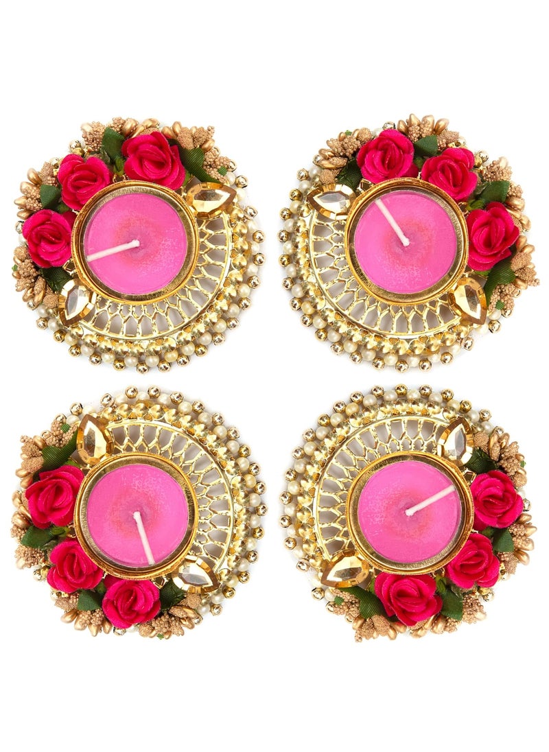 HomeSquare HomeSquare Tealight Holder Decorative Diwali Diya with Artificial Flowers Tealights Set of 4 Tealight Candle Holders  - Image 4