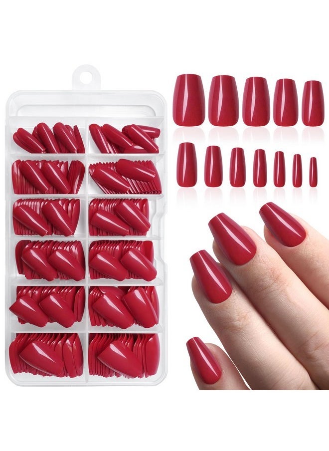 لاك فورايفر 240 قطعة من أظافر Coffin Press On Nails، أظافر صناعية متوسطة الحجم، أظافر لاصقة حمراء، أظافر قصيرة من نوع Coffin، أظافر أكريليك صناعية، أظافر صناعية كاملة التغطية مع علامات تبويب لاصقة  - Image 1