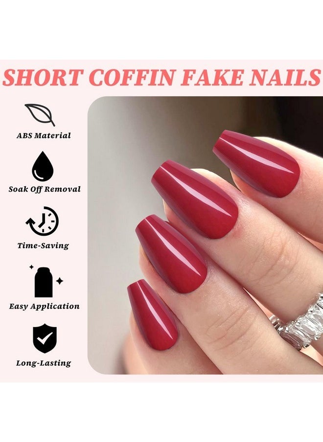 لاك فورايفر 240 قطعة من أظافر Coffin Press On Nails، أظافر صناعية متوسطة الحجم، أظافر لاصقة حمراء، أظافر قصيرة من نوع Coffin، أظافر أكريليك صناعية، أظافر صناعية كاملة التغطية مع علامات تبويب لاصقة  - Image 2