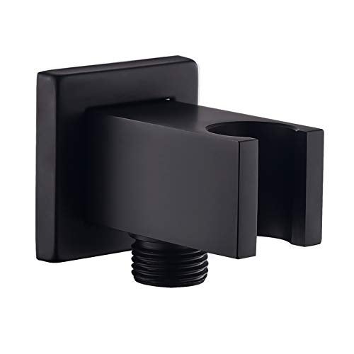 Keymark Wall Supply Elbow with Hand Shower Holder, Keymark Brass Square 1/2″Shower Hose Connector, Wall Mount Drop Ell Union Water Outlet, Black - Image 1