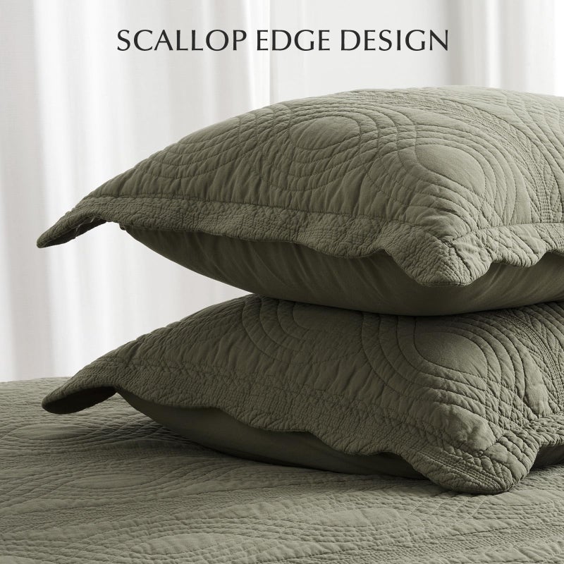 EVERGRACEHOME 100% Cotton Scallop Quilt Set, King Size 3 Piece Set â€“ Lightweight Bedspread with 2 Shams, Soft Prewashed Matelasse Coverlet for Cozy and Elegant Bedding, Olive Green - Image 5