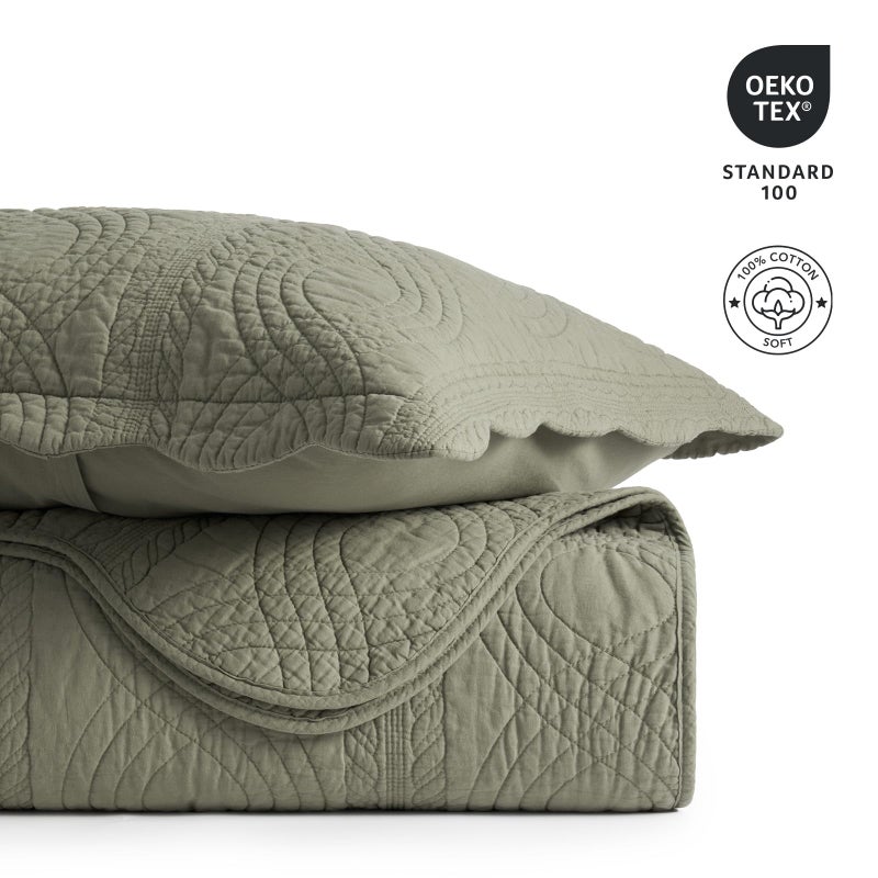 EVERGRACEHOME 100% Cotton Scallop Quilt Set, King Size 3 Piece Set â€“ Lightweight Bedspread with 2 Shams, Soft Prewashed Matelasse Coverlet for Cozy and Elegant Bedding, Olive Green - Image 4