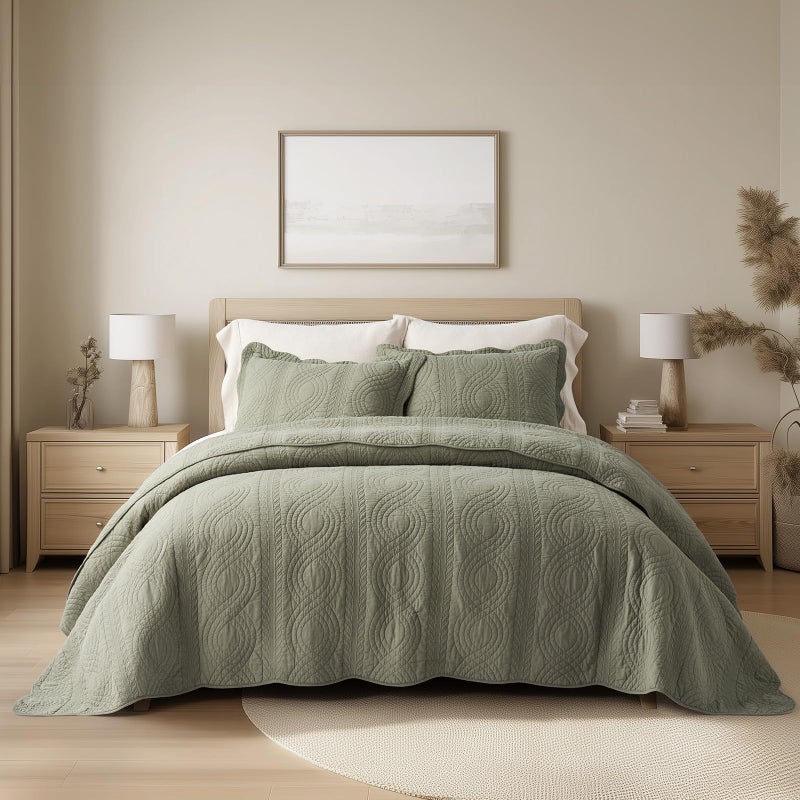 EVERGRACEHOME 100% Cotton Scallop Quilt Set, King Size 3 Piece Set â€“ Lightweight Bedspread with 2 Shams, Soft Prewashed Matelasse Coverlet for Cozy and Elegant Bedding, Olive Green - Image 1
