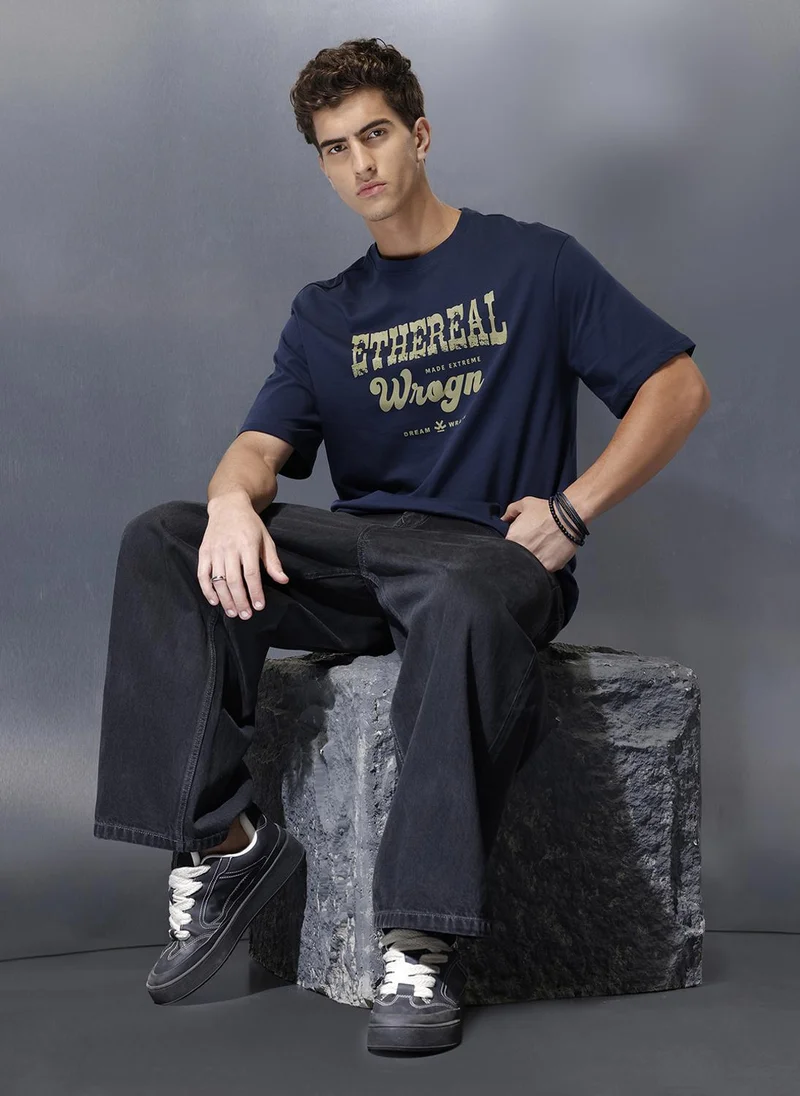 روجن Men’s bold front print cotton t-shirt | Navy Blue