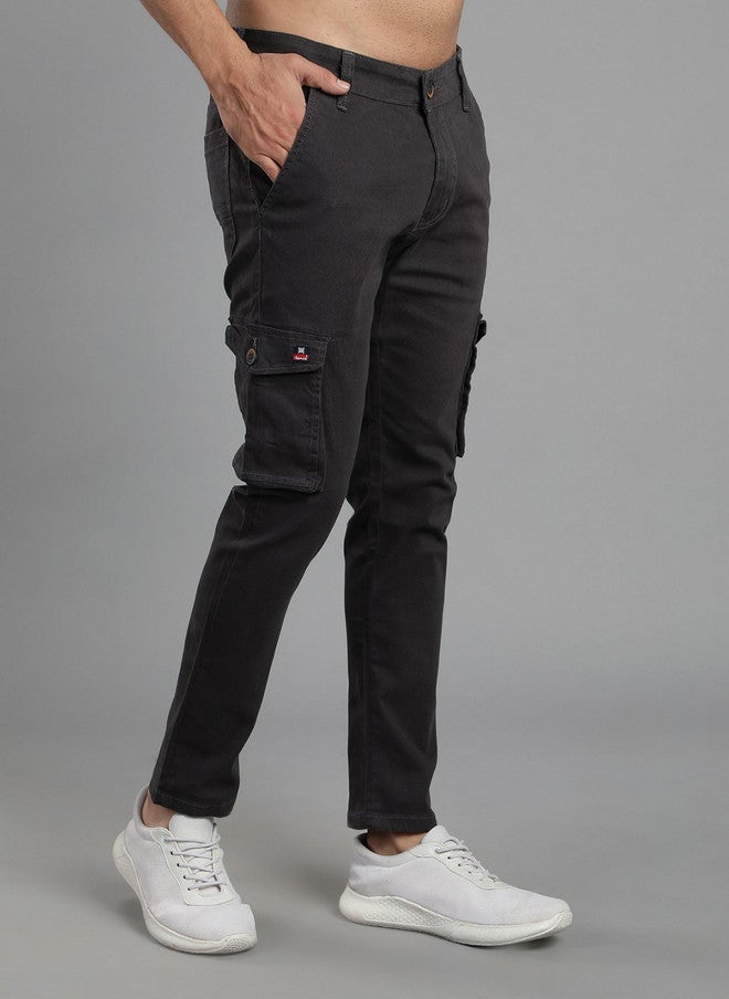 Hence Men Relaxed Tapered Fit Charcoal Cargos Trousers with 6 Pockets - Image 3