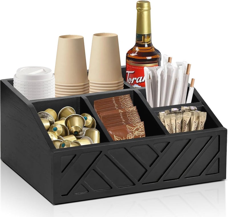 Ukonvi Coffee Pod Holder and Bar Accessories, Wood Station Organizer for Decor, Syrup and Condiment Organizer, Black - Image 1