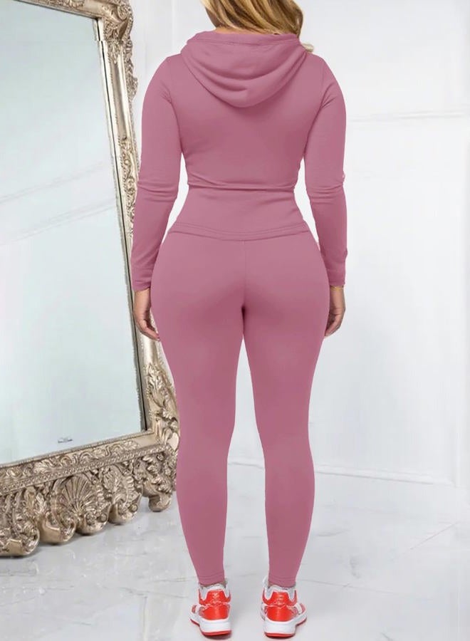 AUXDIO Women 2 Piece Outfits Casual Workout Sets Bodycon Tracksuit Zip Up Long Sleeve Hoodle Jacket Jogger Pants Set, Pink, S - Image 4