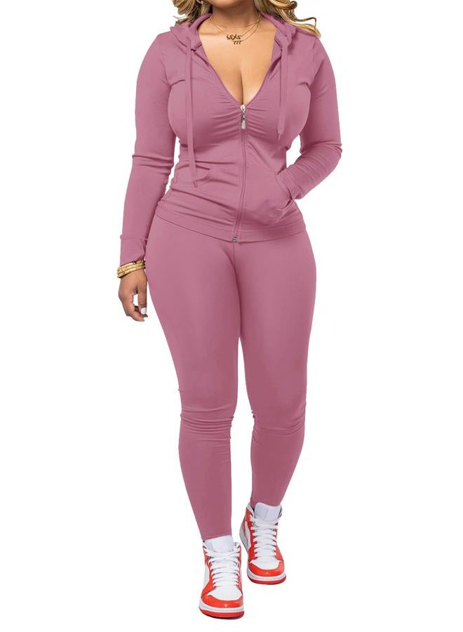 AUXDIO Women 2 Piece Outfits Casual Workout Sets Bodycon Tracksuit Zip Up Long Sleeve Hoodle Jacket Jogger Pants Set, Pink, S - Image 1