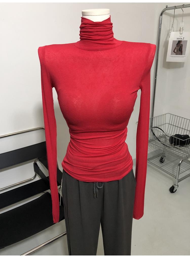 Match hao unique child ~ thin soft high collar micro-transparent long sleeve T-shirt pile collar base shirt jacket Red 