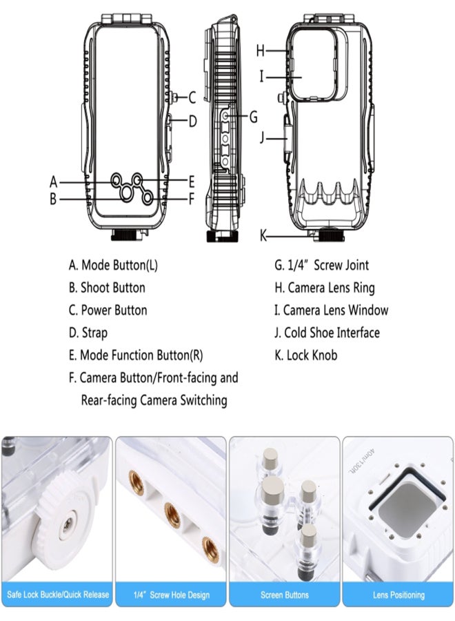 PULUZ for Apple 15 Pro / 14 / 14 Pro / 13 / 13 Pro / 12 Pro / 12 Submersible Waterproof Case PC+Glass Case 40m Waterproof - Image 4