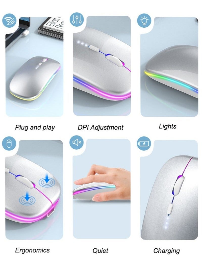Wireless Bluetooth Mouse – Rechargeable, Dual Mode (BT5.2/USB 2.4G), Silent  Slim with LED Light – Compatible with Laptop, iPad, MacBook, PC – Silver - Image 4