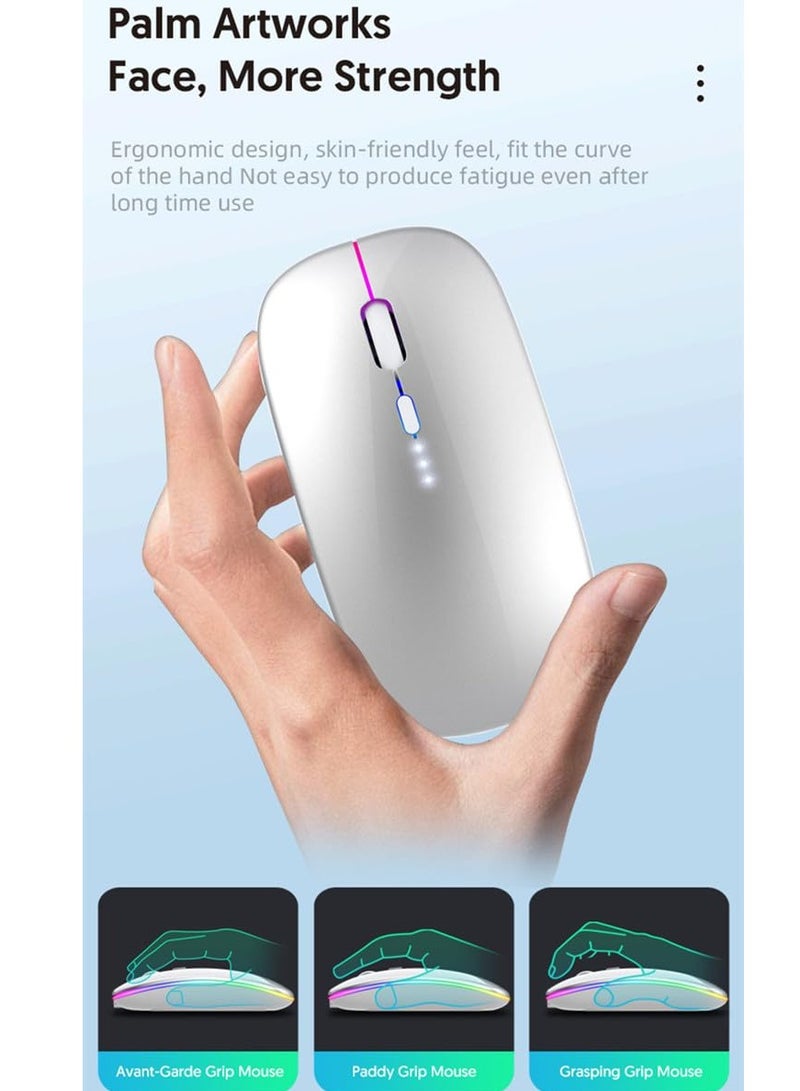 Wireless Bluetooth Mouse – Rechargeable, Dual Mode (BT5.2/USB 2.4G), Silent  Slim with LED Light – Compatible with Laptop, iPad, MacBook, PC – Silver - Image 5