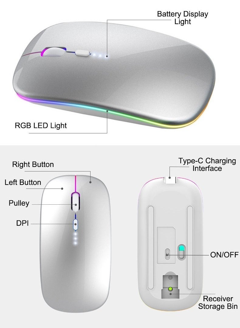 Wireless Bluetooth Mouse – Rechargeable, Dual Mode (BT5.2/USB 2.4G), Silent  Slim with LED Light – Compatible with Laptop, iPad, MacBook, PC – Silver - Image 3