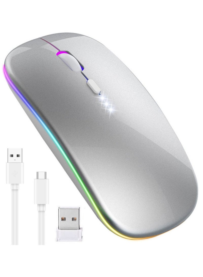 Wireless Bluetooth Mouse – Rechargeable, Dual Mode (BT5.2/USB 2.4G), Silent  Slim with LED Light – Compatible with Laptop, iPad, MacBook, PC – Silver - Image 1
