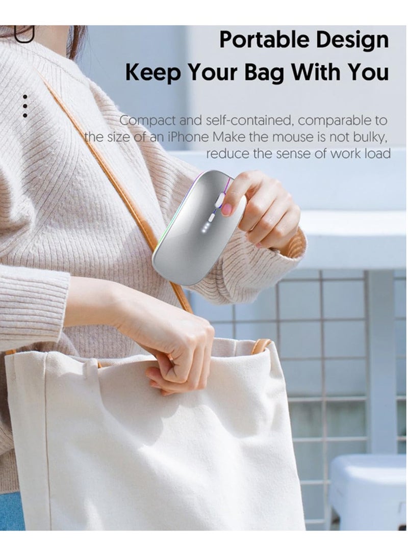 Wireless Bluetooth Mouse – Rechargeable, Dual Mode (BT5.2/USB 2.4G), Silent  Slim with LED Light – Compatible with Laptop, iPad, MacBook, PC – Silver - Image 2