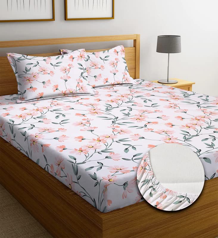 TARAIN COLLECTION Cotton Elastic Fitted Bedsheets with 2 King Size Pillow Covers | Double Bed with All Around Elastic 180 TC Supersoft | Size - 78" x 72" inches | Floral Light Green Pink - Image 1
