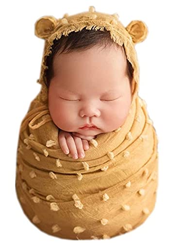 Vedory Fashion Cute Baby Photography Props Wrap Hat with Blanket Photo Shoot Outfits Newborn Luxurious Wrap Swaddle for Boys Girls Monthly Photography Shoot (Yellow) - Image 1