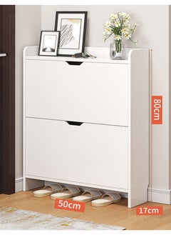 KLNAMAEAAN Slim Shoe Cabinet Storage Organizer Two Tier Wooden Shoe Rack with Flip Drawers and Top Shelf Narrow Space Saving Shoe Storage for Entryway Hallway or Bedroom Modern White Shoe Cupboard 80x50x17cm  - Image 1