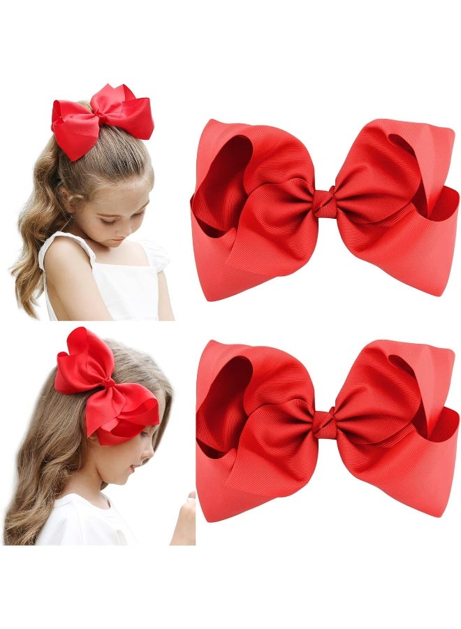 DEEKA 2 PCS 8" Big Hair Bows Hand-made Grosgrain Ribbon Solid Color Large Bows Alligator Clips Hair Accessories for Girls Set of 2 - Red - Image 1