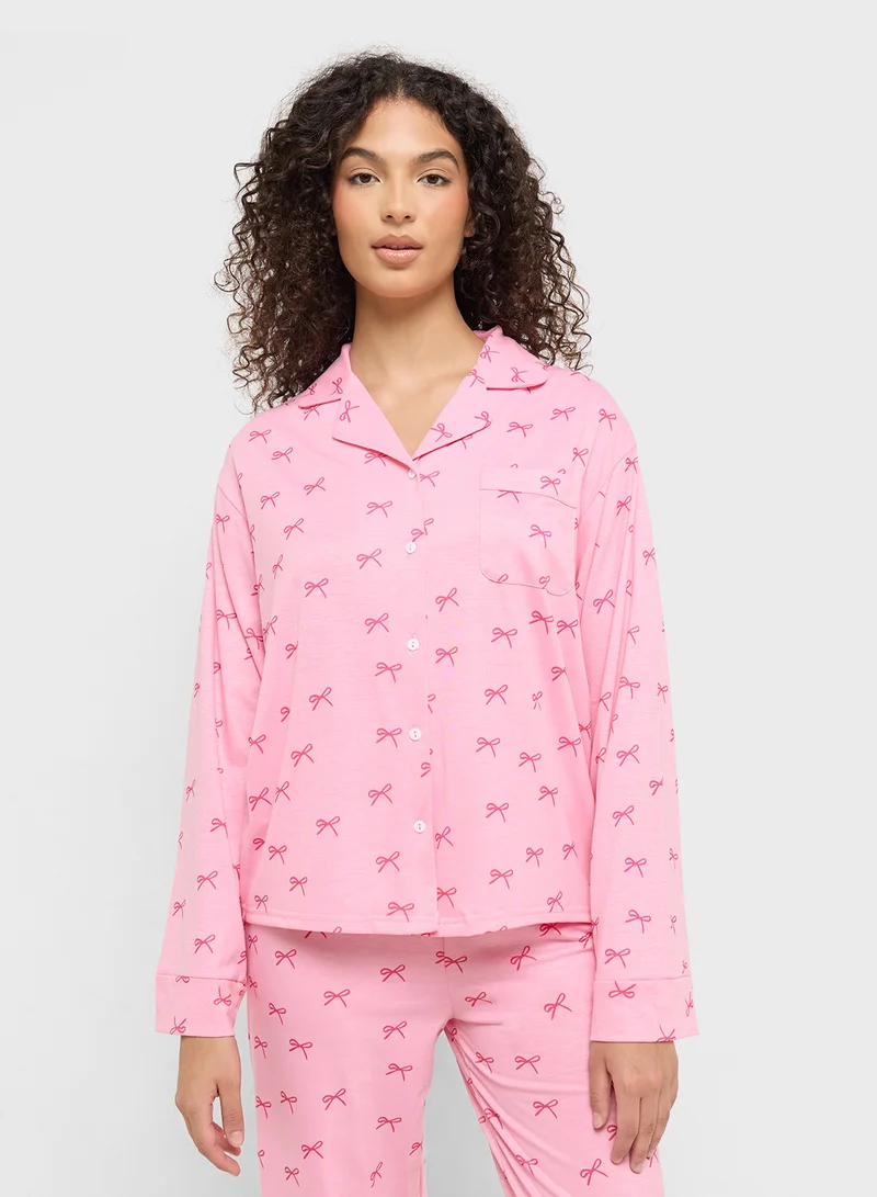 Ginger Bow Print Button Down Shirt & Pyjama Set