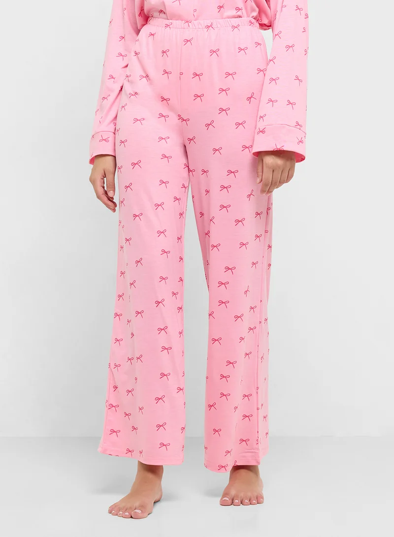 Ginger Bow Print Button Down Shirt & Pyjama Set