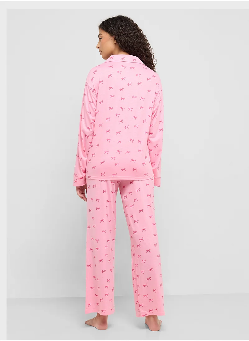 Ginger Bow Print Button Down Shirt & Pyjama Set
