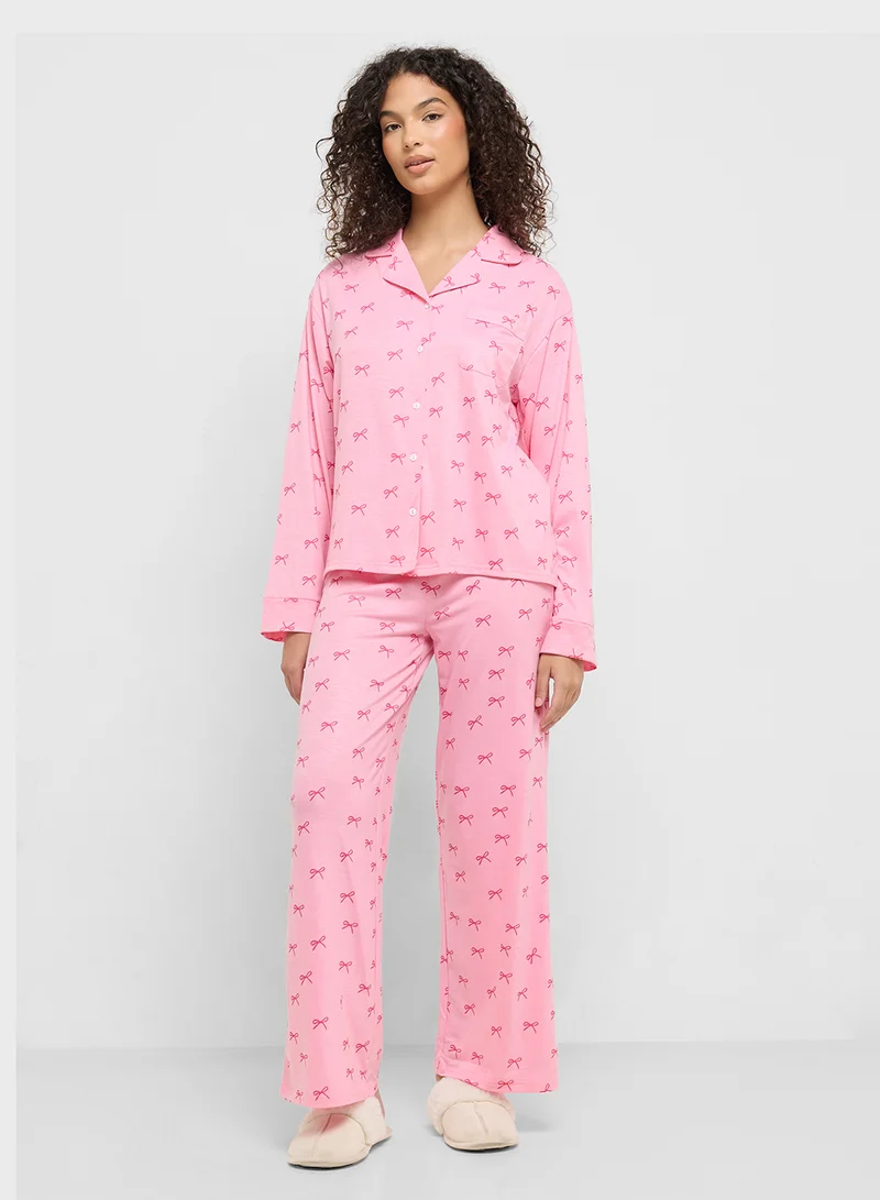Ginger Bow Print Button Down Shirt & Pyjama Set