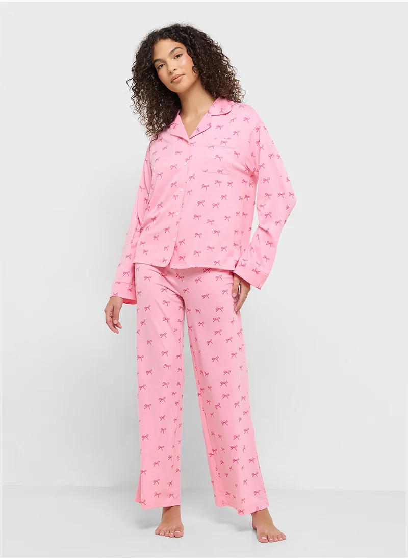 Ginger Bow Print Button Down Shirt & Pyjama Set