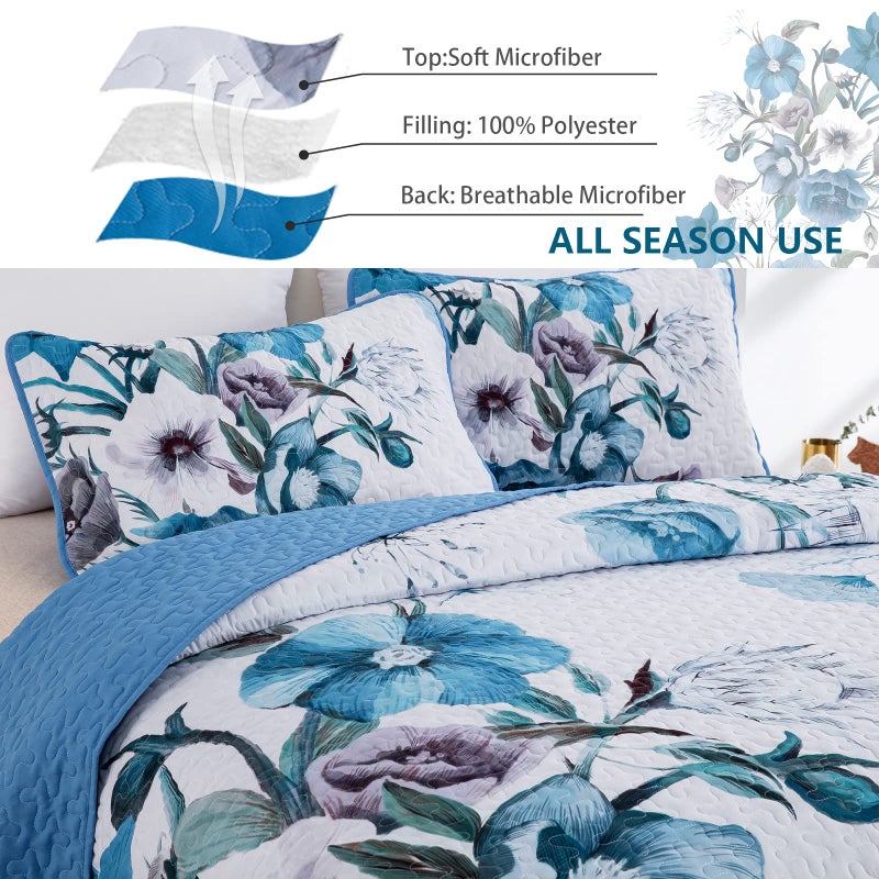 Drucon Floral Quilt Set Queen 3 Pieces Boho Blue Floral Quilt Coverlet Set Soft Microfiber Lightweight Blue Quilted Bedspread for All Season 90"x96" - Image 4