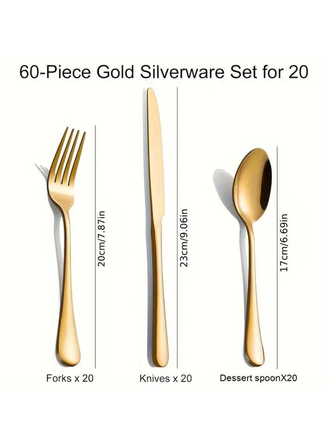 60 Piece Golden Stainless Steel Dinnerware Set Forks Knives Spoons Dishwasher Safe - Image 3