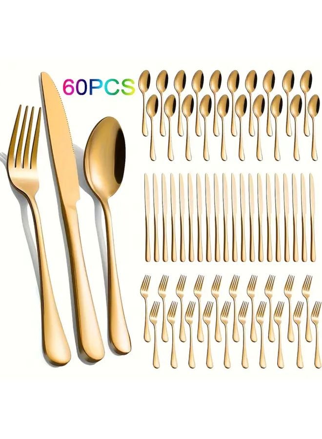60 Piece Golden Stainless Steel Dinnerware Set Forks Knives Spoons Dishwasher Safe - Image 1