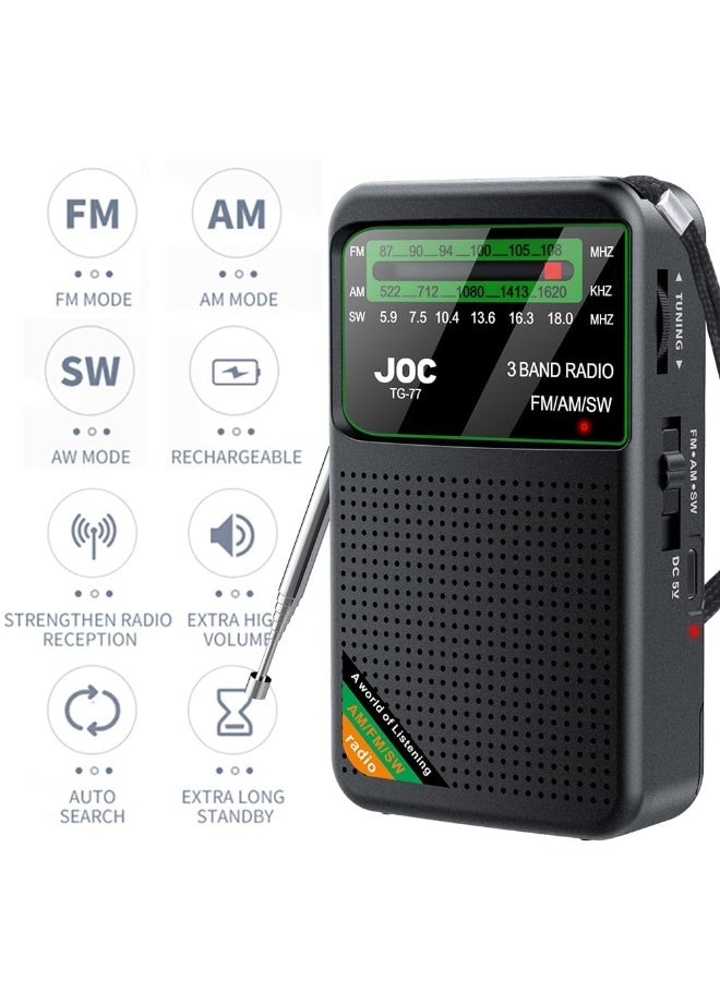 Joc Portable Radio FM AM SW, Battery Operated, Best Reception, Portable Speaker Radios Rechargeable With HD Display Screen, 3.5 MM Earphone Jack, Suitable For Indoor, Outdoor And Emergency Use - Image 2