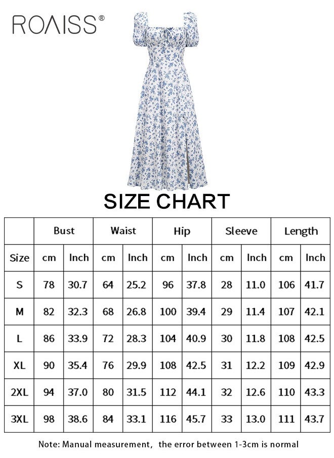 French Sweet Dress For Women'S Daily Commuting, Versatile Floral Square Neck Puff Short-Sleeve Side Slit Holiday High-Waisted Large Skirt Dress