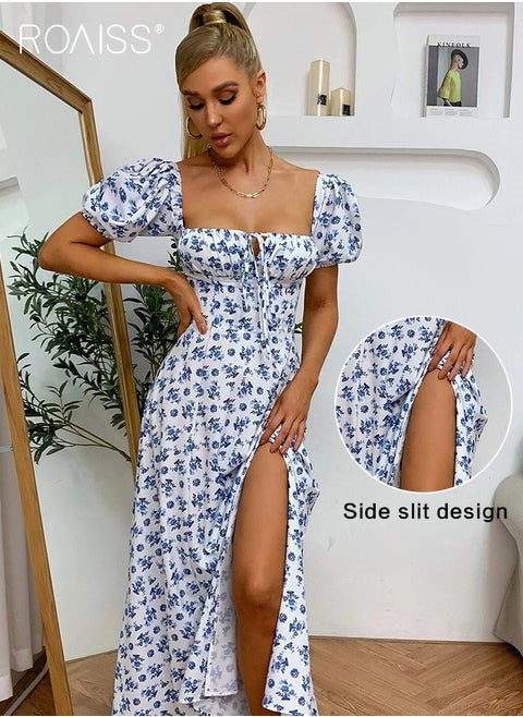 French Sweet Dress For Women'S Daily Commuting, Versatile Floral Square Neck Puff Short-Sleeve Side Slit Holiday High-Waisted Large Skirt Dress