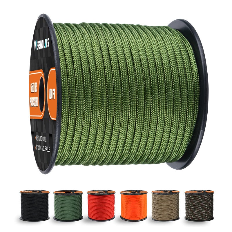 WEREWOLVES 650lb Paracord/Parachute Cord - 9 Strand Paracord Rope - 100', 200' Spools of Parachute Cord, Type III Paracord for Camping, Survival (Army Green, 200 Feet) - Image 1