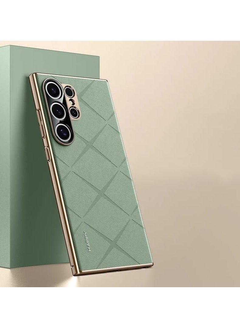 The case is compatible with the Samsung Galaxy S24 Ultra, and the ultra-thin plain leather plated frame anti-fingerprint camera lens case is available for the Galaxy S24 Ultra