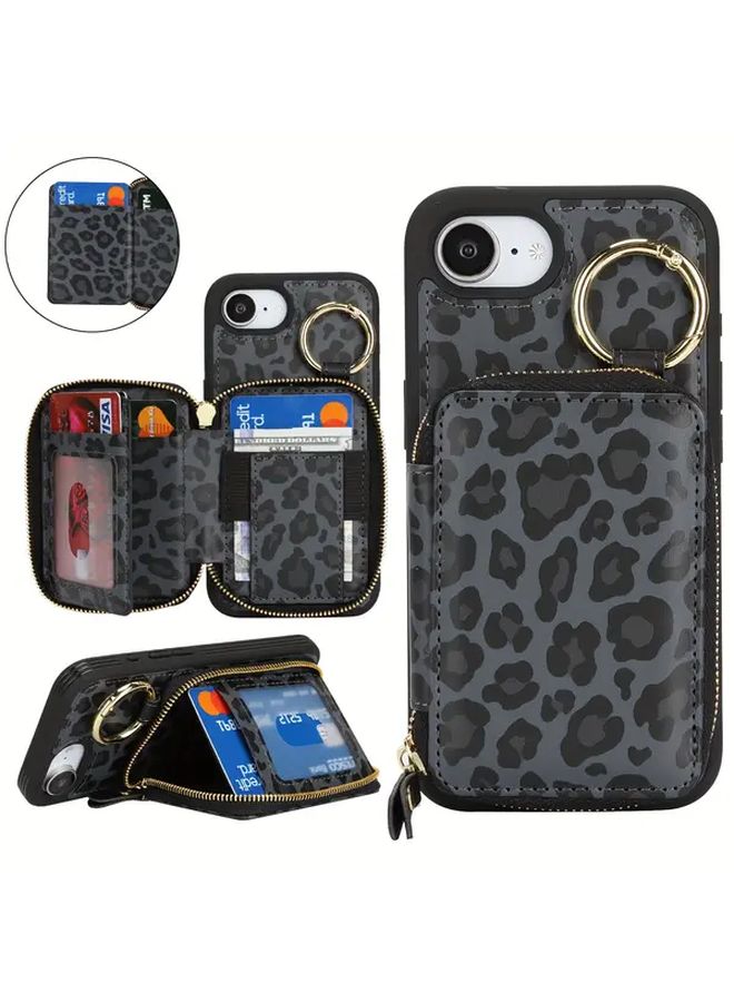 حافظة هاتف iPhone 16E بتصميم ليوبارد باللون الرمادي الداكن مع فتحة لبطاقات الائتمان، وحجرة بسحاب، وحلقة حامل - Image 1