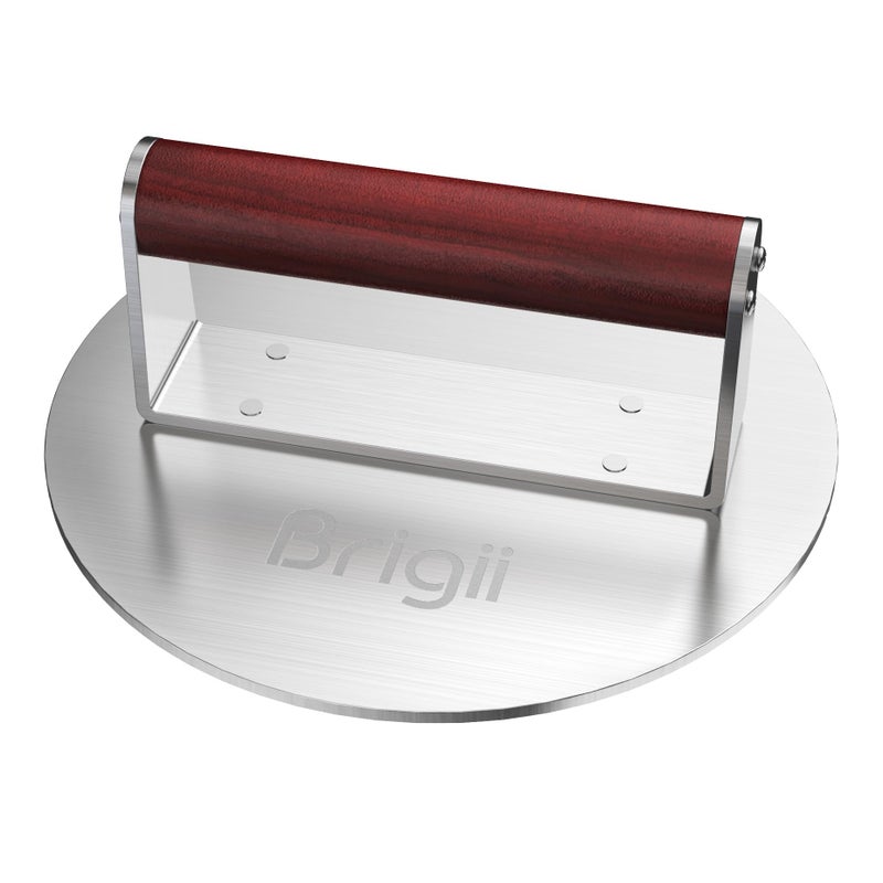 Brigii 8.5" Stainless Steel Smashed Burger Press, Round Flat Edge Grill Press for Crispy Smash Burgers, Hamburger Tool for Grill and Griddle Accessories, for BBQs and Tailgates, Dishwasher Safe - Image 1