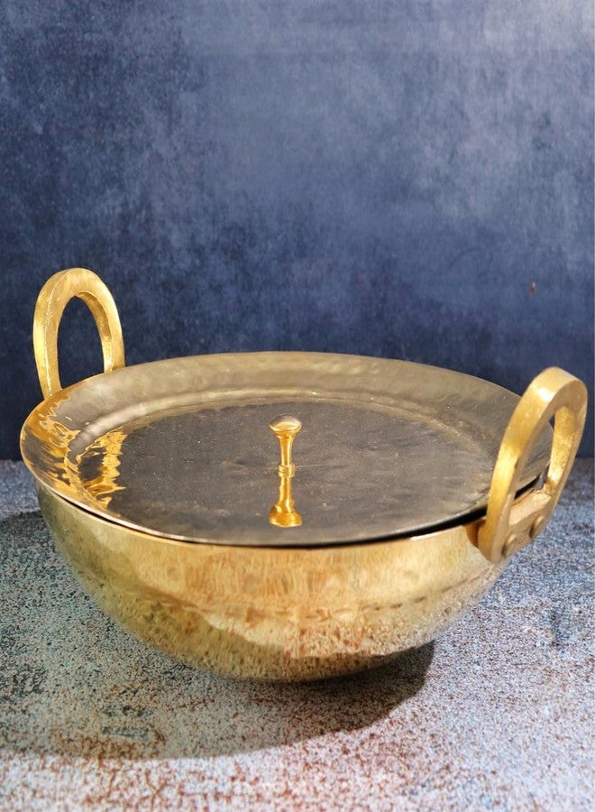 KITCHEN 101% Premium Brass Kadai for Cooking | 10 Inch - 1.5 Kgs | Pital Kadhai | Golden | Non Stick | Kadai with Cover | Tin Coated | Hammered | for Frying | ?????? | Wok with Lid | 1.5 Litre | - Image 1