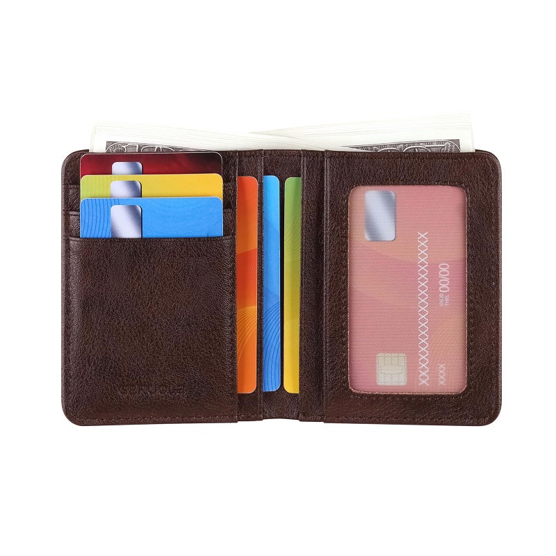 GERUOLA Bifold Slim Men Wallet Genuine Leather Thin, Small Vertical RFID Blocking Wallets for Men ï¼ŒCompact & Stylish with Clear ID Windows (Coffee) - Image 4