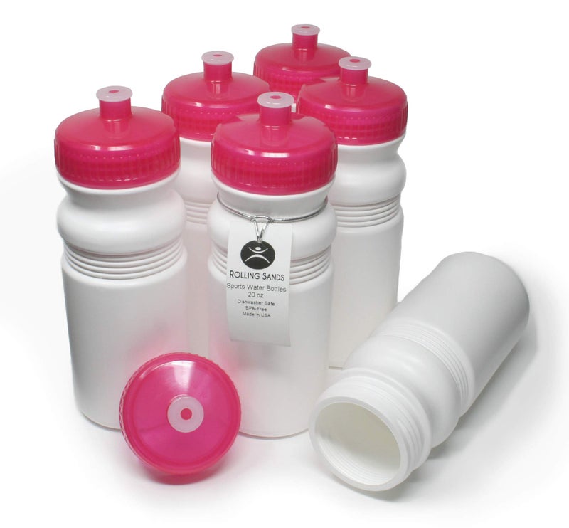 Rolling Sands 20 Ounce Sports Water Bottles 6 Pack  BPA-Free  Made In USA  Dishwasher Safe  White Bottles/Pink - Image 2