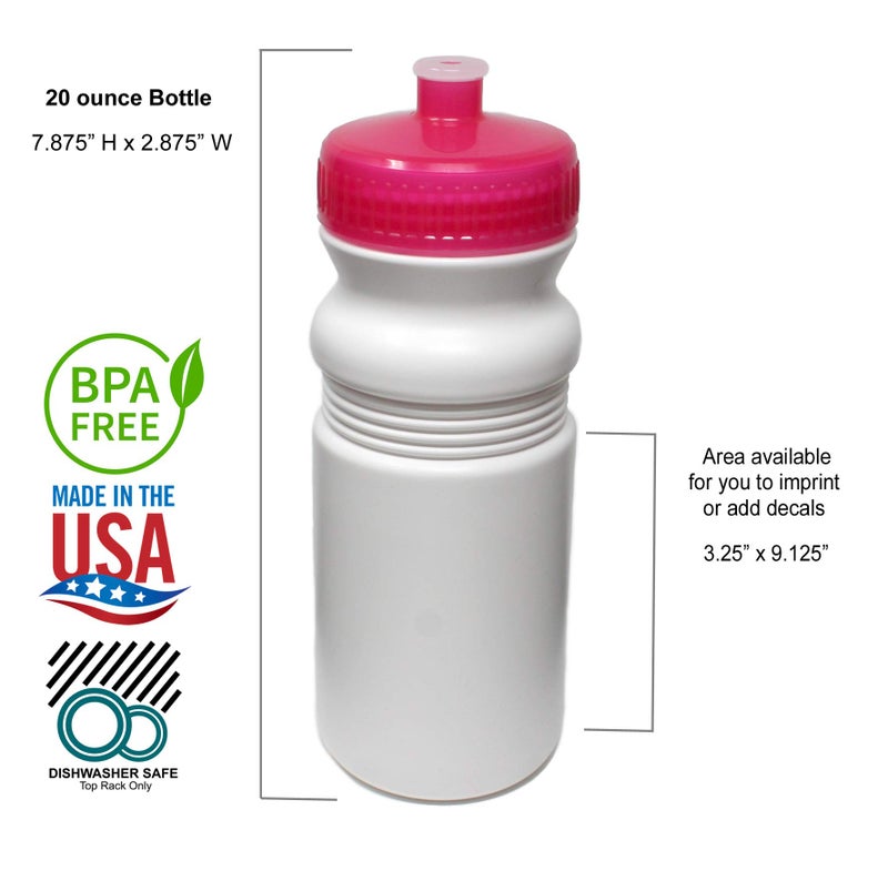Rolling Sands 20 Ounce Sports Water Bottles 6 Pack  BPA-Free  Made In USA  Dishwasher Safe  White Bottles/Pink - Image 3