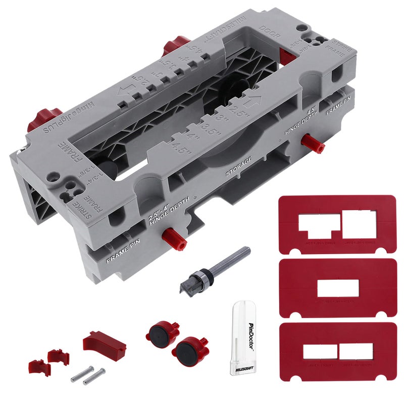Milescraft 1229 Hinge Jig PLUS Dual Clamping Door Hinge Jig Door Hinge Mortiser Complete Hinge Installation Kit Rout Mortises from 25 to 45 Strike and Latch Plates Included for Standard Doors