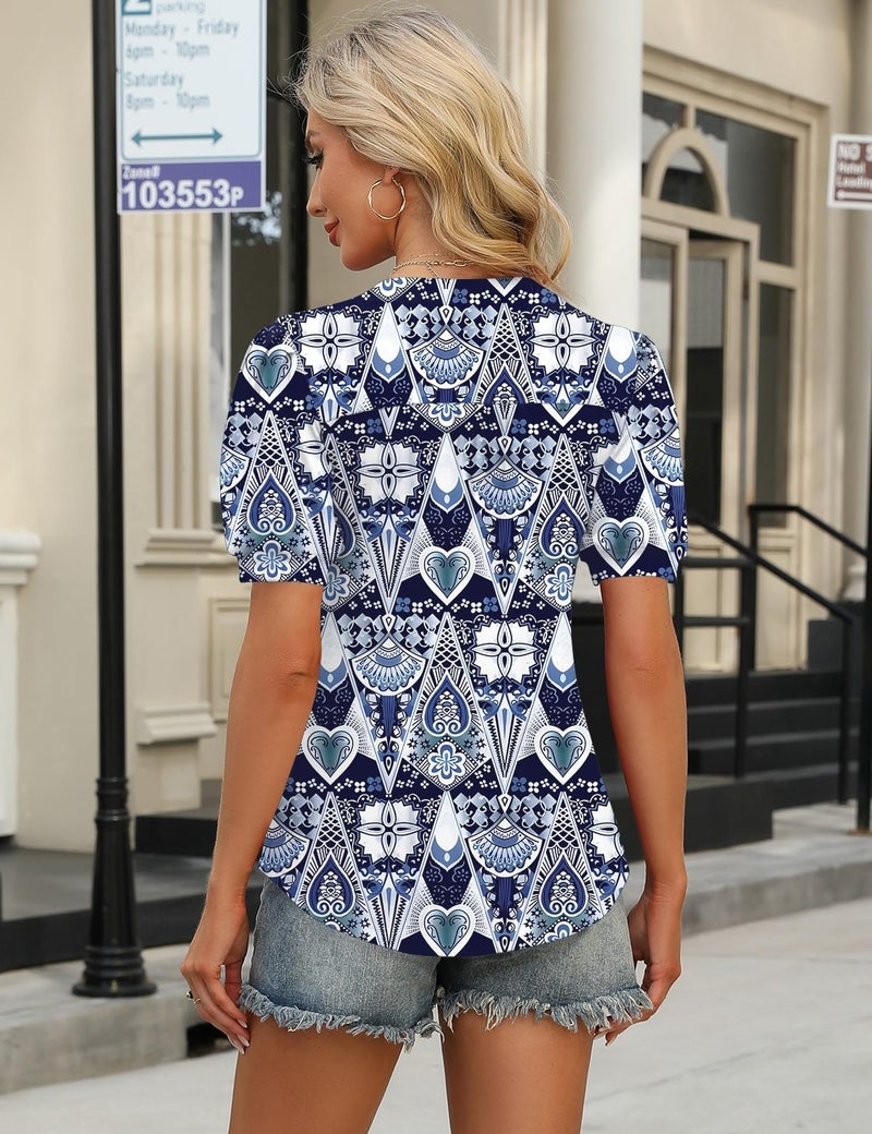 IECCP Puff Sleeve Tops for Women Dressy Casual Blouses V Neck Short Sleeve Summer Button Front Pleated Shirts (Geometry Print,S) - Image 5