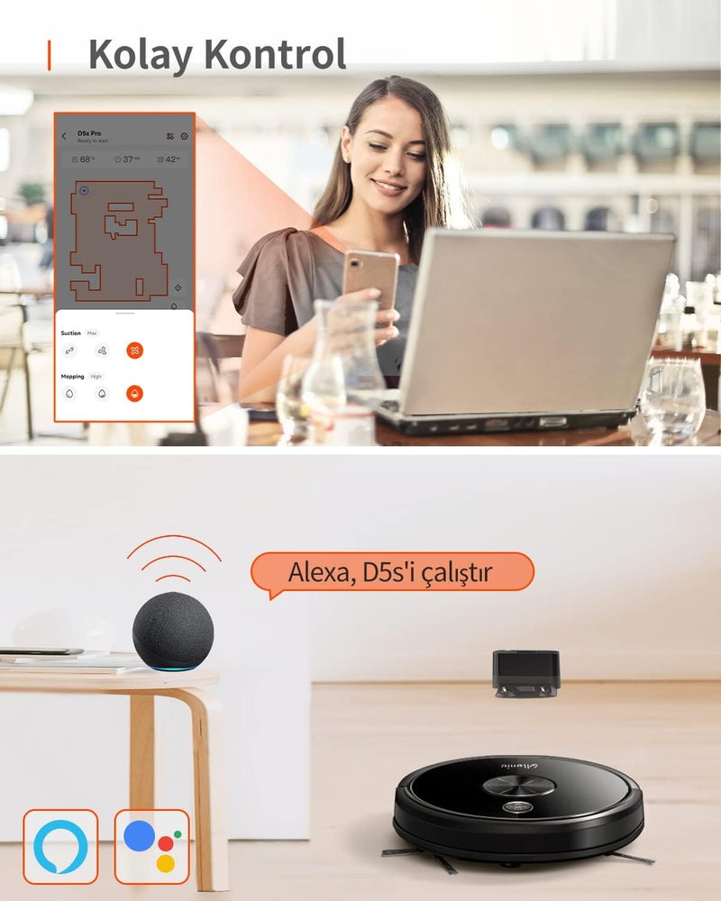 أولتينيك مكنسة كهربائية روبوتية Ultenic D5s Pro بقوة شفط 3000 باسكال، متصلة بالواي فاي، تحتوي على وظيفة مسح الأرضيات، رقيقة جدًا، يمكن التحكم فيها عبر تطبيق Alexa، تأتي مع شرائط تحديد الحدود، وتقوم بالشحن الذاتي، مزودة بمكنسة لإزالة شعر الحيوانات الأليفة من السجاد. - Image 5
