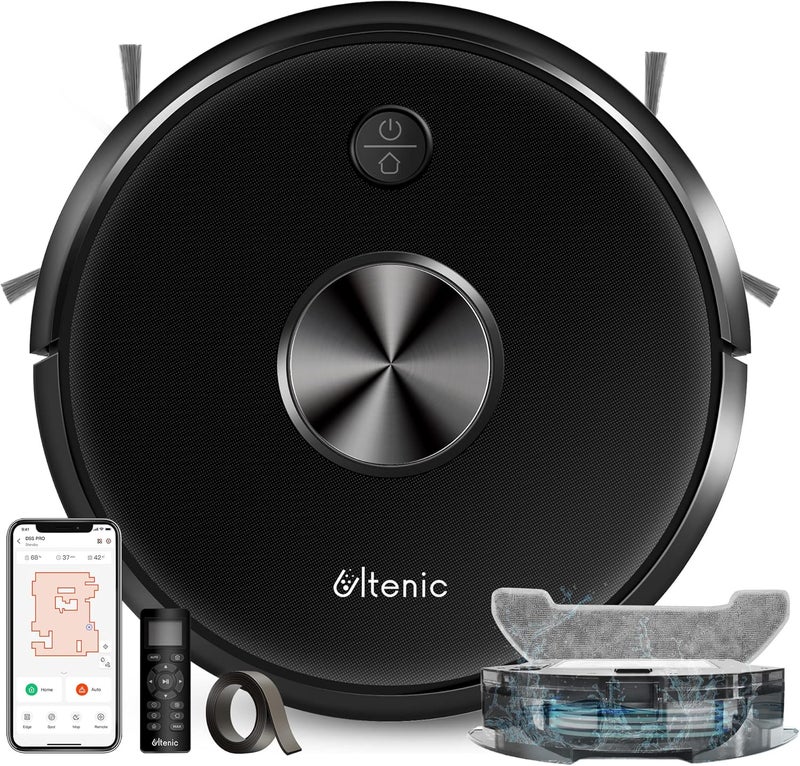 أولتينيك مكنسة كهربائية روبوتية Ultenic D5s Pro بقوة شفط 3000 باسكال، متصلة بالواي فاي، تحتوي على وظيفة مسح الأرضيات، رقيقة جدًا، يمكن التحكم فيها عبر تطبيق Alexa، تأتي مع شرائط تحديد الحدود، وتقوم بالشحن الذاتي، مزودة بمكنسة لإزالة شعر الحيوانات الأليفة من السجاد. - Image 1